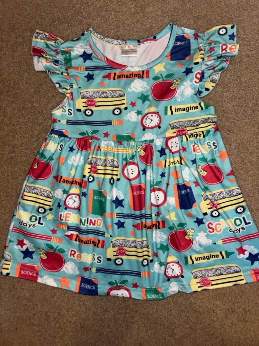School theme Teal School Bus Print Dress Red Apples Yellow Buses